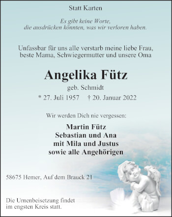 Traueranzeige von Angelika Fütz von WVW Anzeigenblätter