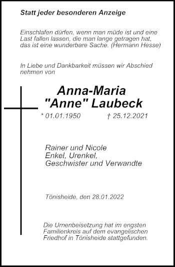 Traueranzeige von Anna-Maria Laubeck von WVW Anzeigenblätter