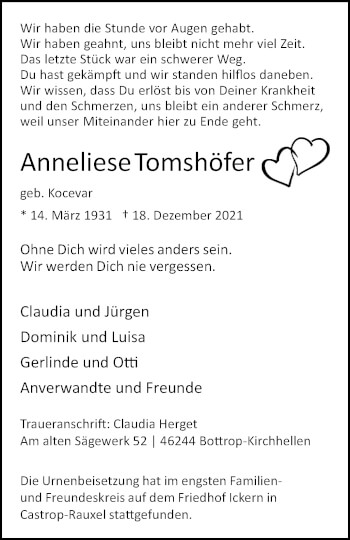 Traueranzeige von Anneliese Tomshöfer von WVW Anzeigenblätter