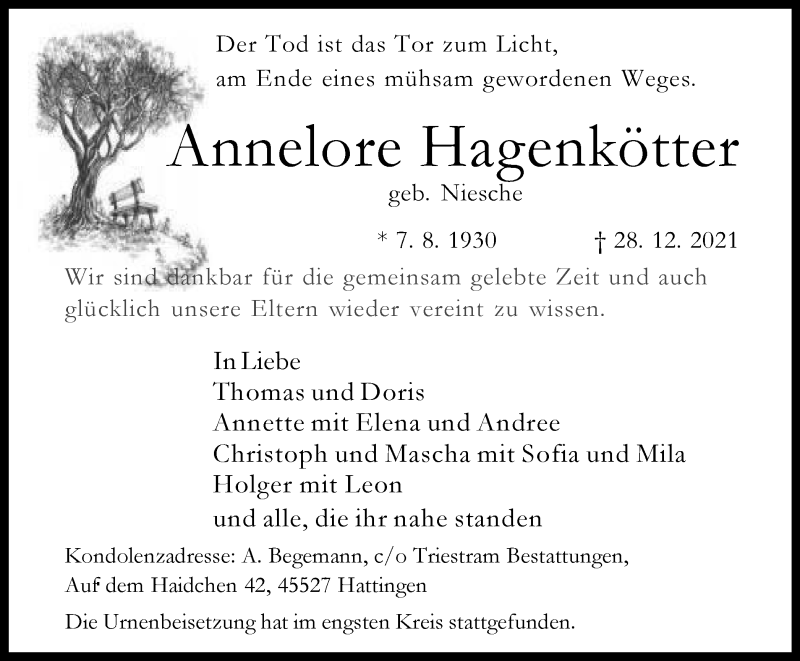  Traueranzeige für Annelore Hagenkötter vom 08.01.2022 aus WVW Anzeigenblätter