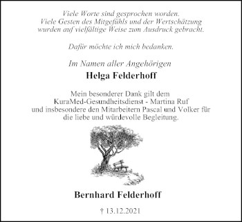 Traueranzeige von Bernhard Felderhoff von WVW Anzeigenblätter