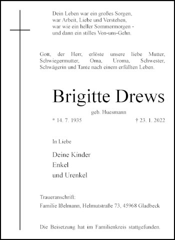 Traueranzeige von Brigitte Drews von WVW Anzeigenblätter