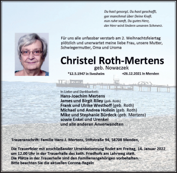 Traueranzeige von Christel Roth-Mertens von WVW Anzeigenblätter