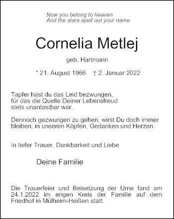Traueranzeige von Cornelia Metlej von WVW Anzeigenblätter