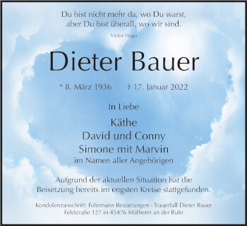 Traueranzeige von Dieter Bauer von WVW Anzeigenblätter