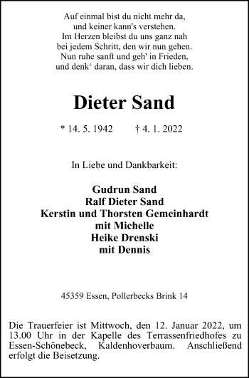Traueranzeige von Dieter Sand von WVW Anzeigenblätter