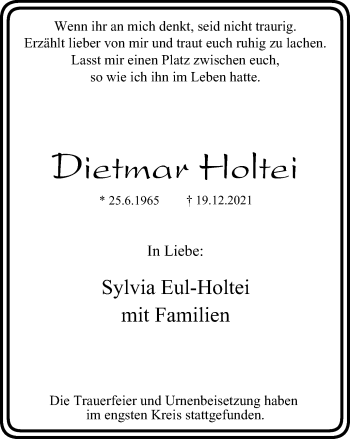 Traueranzeige von Dietmar Holtei von WVW Anzeigenblätter