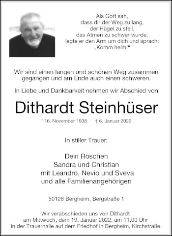 Traueranzeige von Dithardt Steinhüser von WVW Anzeigenblätter