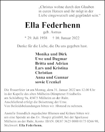 Traueranzeige von Ella Federhenn von WVW Anzeigenblätter
