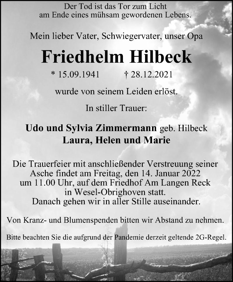 Traueranzeige für Friedhelm Hilbeck vom 08.01.2022 aus WVW Anzeigenblätter