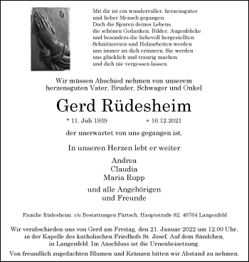 Traueranzeige von Gerd Rüdesheim von WVW Anzeigenblätter