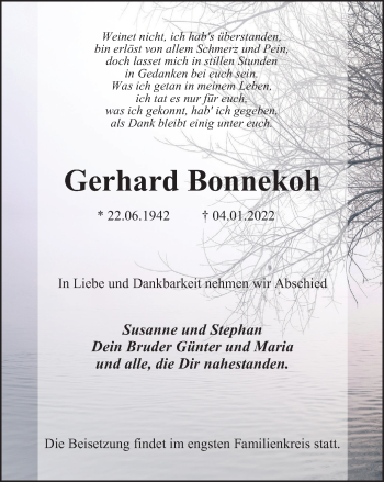 Traueranzeige von Gerhard Bonnekoh von WVW Anzeigenblätter