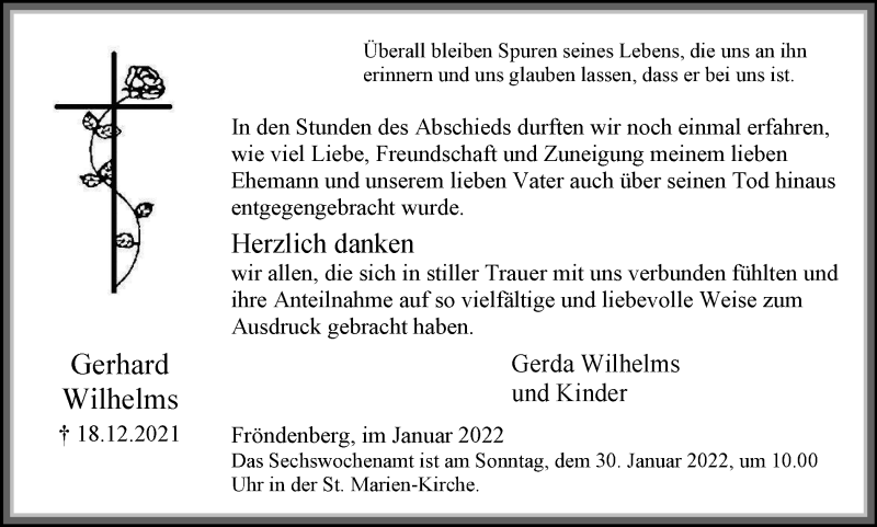  Traueranzeige für Gerhard Wilhelms vom 22.01.2022 aus WVW Anzeigenblätter