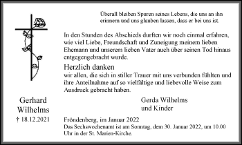 Traueranzeige von Gerhard Wilhelms von WVW Anzeigenblätter