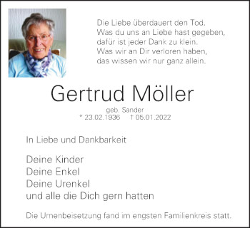 Traueranzeige von Gertrud Möller von WVW Anzeigenblätter