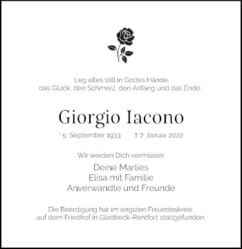 Traueranzeige von Giorgio Iacono von WVW Anzeigenblätter