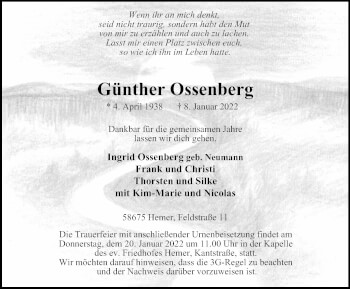 Traueranzeige von Günther Ossenberg von WVW Anzeigenblätter