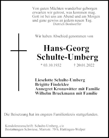 Traueranzeige von Hans-Georg Schulte-Umberg von WVW Anzeigenblätter