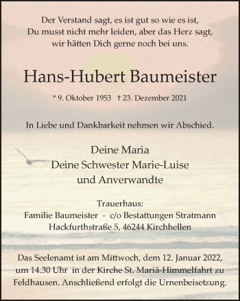 Traueranzeige von Hans-Hubert Baumeister von WVW Anzeigenblätter