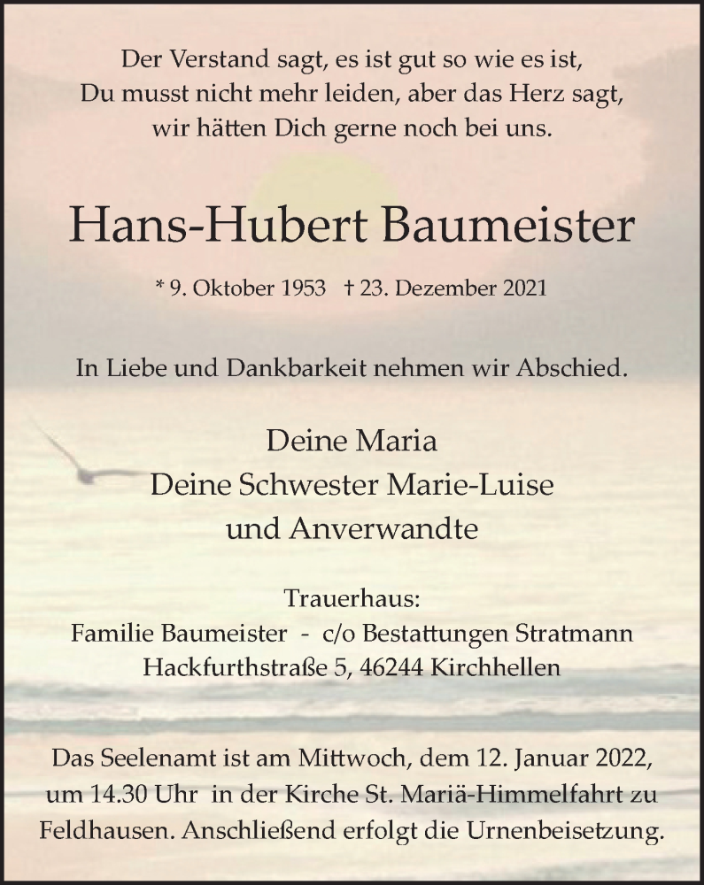  Traueranzeige für Hans-Hubert Baumeister vom 08.01.2022 aus WVW Anzeigenblätter