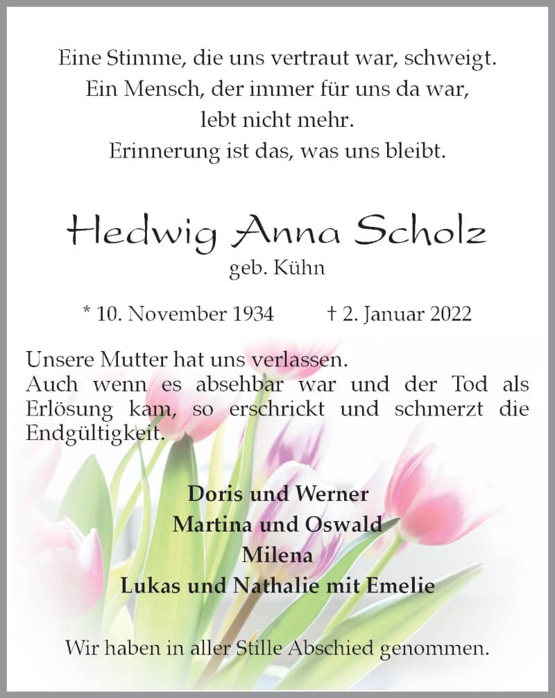  Traueranzeige für Hedwig Anna Scholz vom 15.01.2022 aus WVW Anzeigenblätter