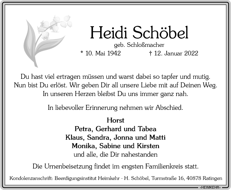  Traueranzeige für Heidi Schöbel vom 22.01.2022 aus WVW Anzeigenblätter