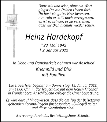 Traueranzeige von Heinz Hardekopf von WVW Anzeigenblätter
