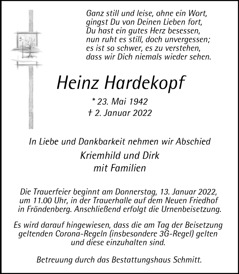  Traueranzeige für Heinz Hardekopf vom 12.01.2022 aus WVW Anzeigenblätter