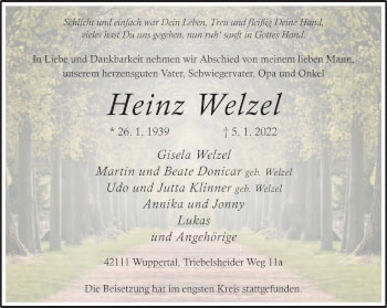 Traueranzeige von Heinz Welzel von WVW Anzeigenblätter