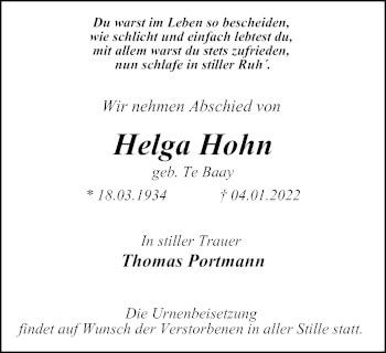 Traueranzeige von Helga Hohn von WVW Anzeigenblätter