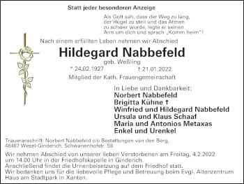 Traueranzeige von Hildegard Nabbefeld von WVW Anzeigenblätter