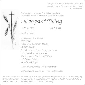 Traueranzeige von Hildegard Tilling von WVW Anzeigenblätter