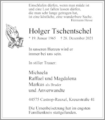 Traueranzeige von Holger Tschentschel von WVW Anzeigenblätter