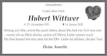 Traueranzeige von Hubert Wittwer von WVW Anzeigenblätter