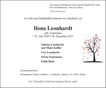 Traueranzeige von Ilona Leonhardt von WVW Anzeigenblätter