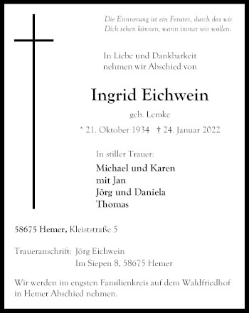 Traueranzeige von Ingrid Eichwein von WVW Anzeigenblätter