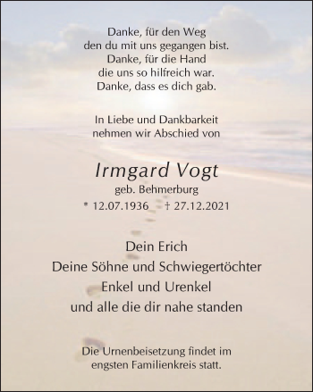 Traueranzeige von Irmgard Vogt von WVW Anzeigenblätter