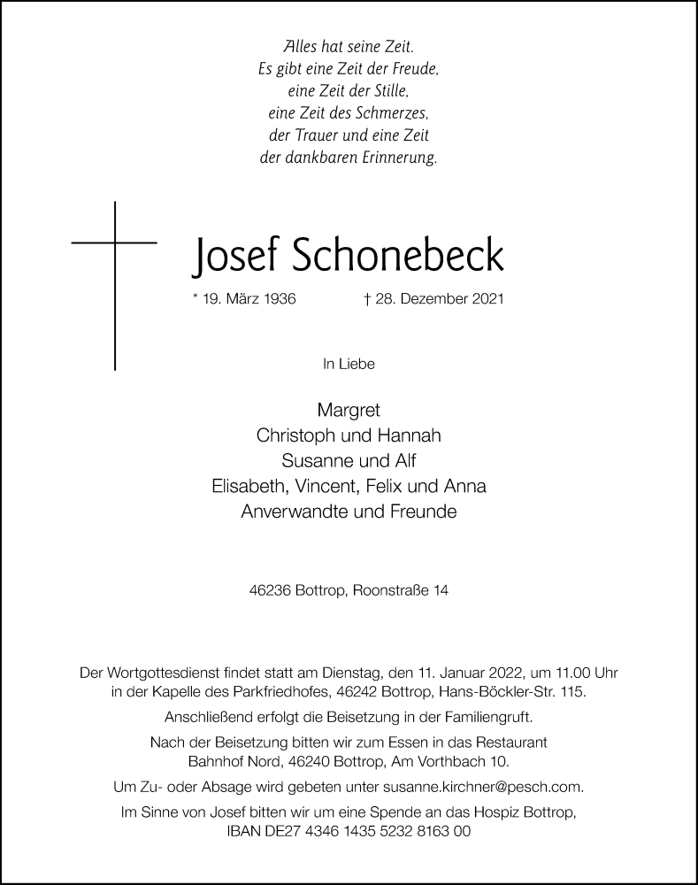  Traueranzeige für Josef Schonebeck vom 08.01.2022 aus WVW Anzeigenblätter