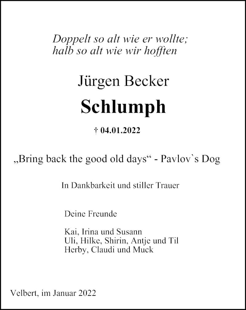  Traueranzeige für Jürgen Becker vom 15.01.2022 aus WVW Anzeigenblätter
