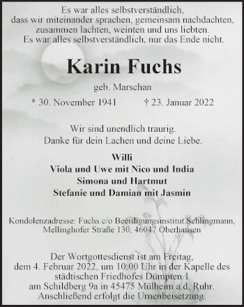 Traueranzeige von Karin Fuchs von WVW Anzeigenblätter