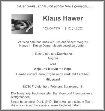 Traueranzeige von Klaus Hawer von WVW Anzeigenblätter