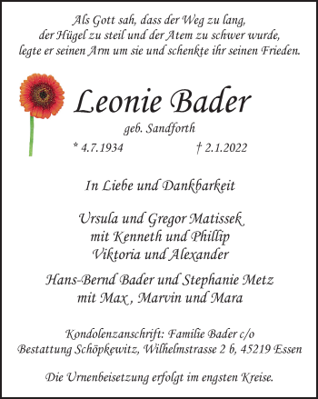 Traueranzeige von Leonie Bader von WVW Anzeigenblätter