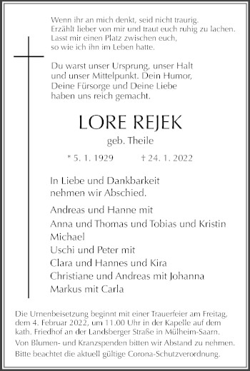 Traueranzeige von Lore Rejek von WVW Anzeigenblätter