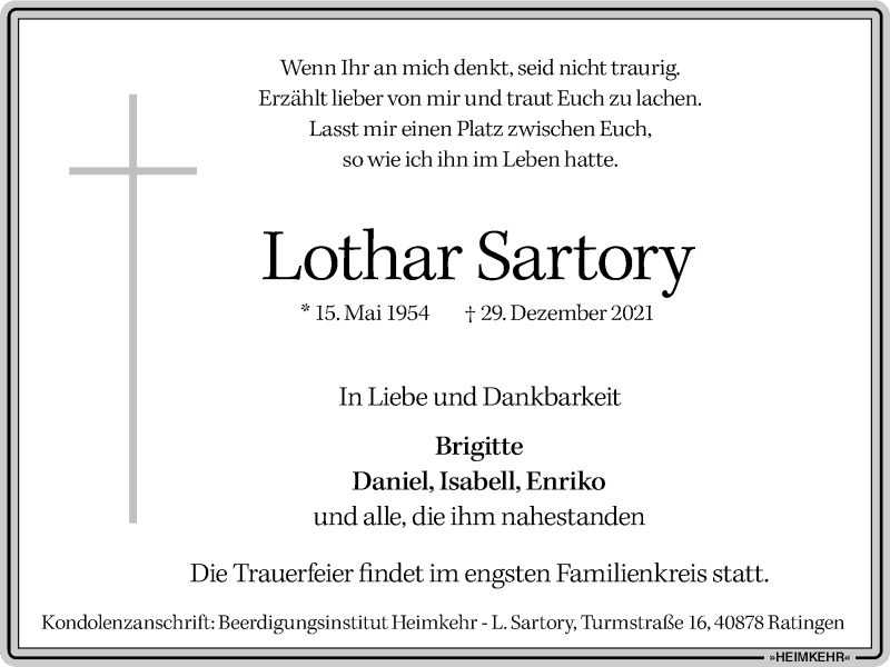  Traueranzeige für Lothar Sartory vom 08.01.2022 aus WVW Anzeigenblätter