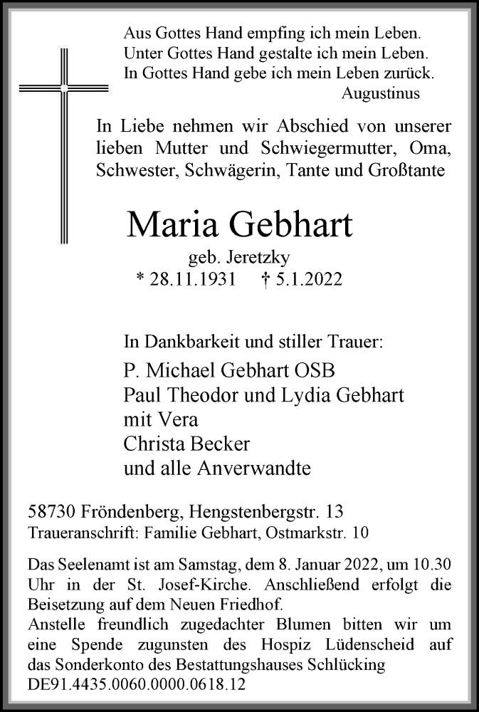  Traueranzeige für Maria Gebhart vom 08.01.2022 aus WVW Anzeigenblätter