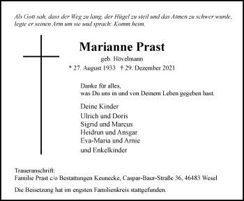 Traueranzeige von Marianne Prast von WVW Anzeigenblätter