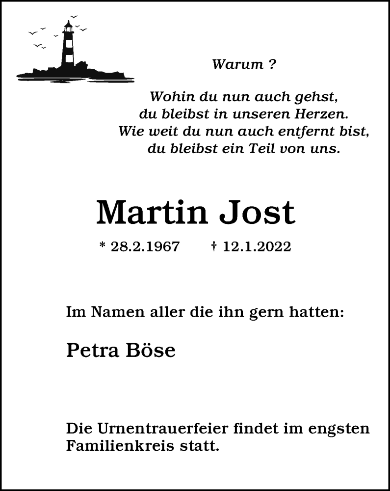  Traueranzeige für Martin Jost vom 26.01.2022 aus WVW Anzeigenblätter