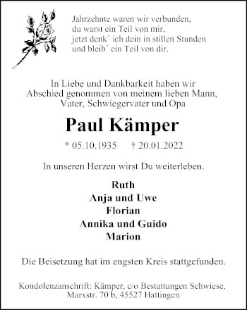 Traueranzeige von Paul Kämper von WVW Anzeigenblätter