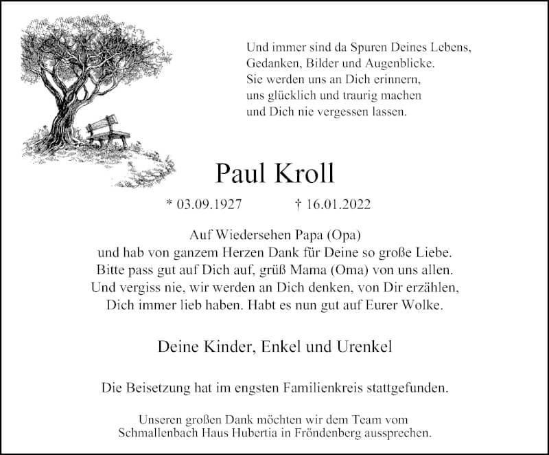  Traueranzeige für Paul Kroll vom 29.01.2022 aus WVW Anzeigenblätter
