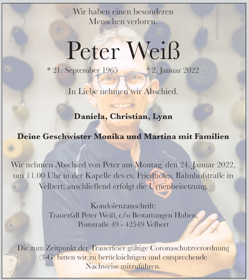  Traueranzeige für Peter Weiß vom 15.01.2022 aus WVW Anzeigenblätter